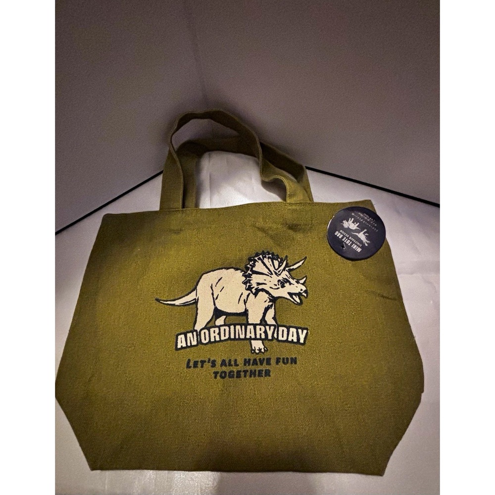 Mini Canvas Tote Bag Green Dinosaur Print "AN ORDINARY DAY" Reusable Shopper[B]